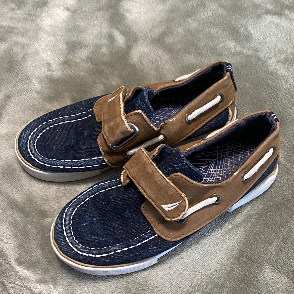 Toddler boy Nautica Navy and Tan Boat Shoes
